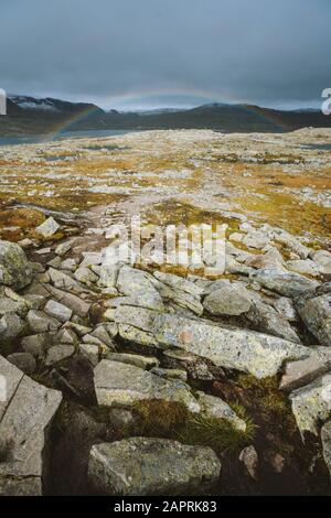 Plan vertical de terre avec beaucoup de formations rocheuses et l'arc-en-ciel en arrière-plan à Finse, Norvège Banque D'Images