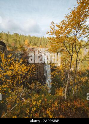 Plan vertical d'une cascade entourée par beaucoup de Arbres aux couleurs d'automne en Norvège Banque D'Images