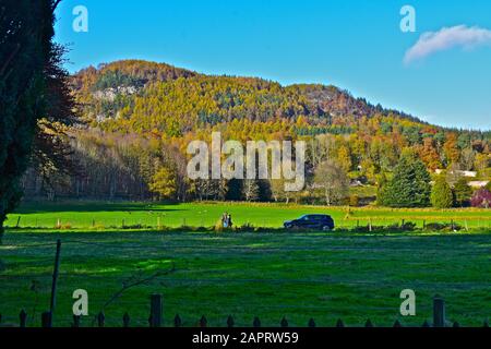 Vue sur la magnifique campagne locale autour de Dunkeld, en direction des montagnes arborées à distance, avec des couleurs changeantes de l'automne. Banque D'Images