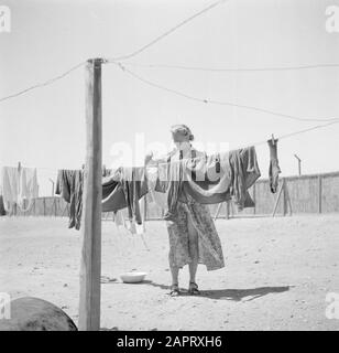 Des volontaires de guerre à Malaca et en Indonésie un membre du corps d'aide féminine pour accrocher le linge Annotation: Ataka était un village près du canal de Suez. Le gouvernement néerlandais avait organisé un dépôt pour les rapatriés des camps de prisonniers de guerre en Asie du Sud-est avec des vêtements d'hiver pour les rapatriés démunis Date: 1946 lieu: Ataka, Egypte mots clés: Soldats, femmes, blanchisserie Banque D'Images