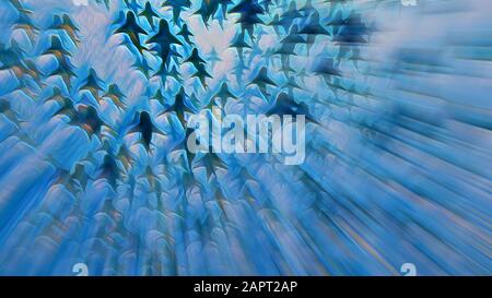 École de requins nageant dans l'eau bleue. style de peinture numérique de l'ordinateur de rendu avec des traits de pinceau visibles , texture de toile Banque D'Images