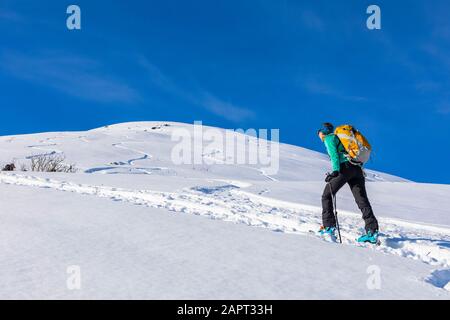 Femme ski de fond, escalade de la montagne dans la peau de piste, sur des skis et des peaux dans Hatcher's Pass, Alaska, Talkeetna Mountains Banque D'Images