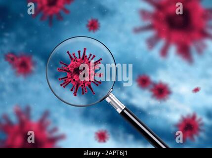 Loupe montrant les bactéries du virus rouge, microorganisme microscopique tridimensionnel, concept moderne de biotechnologie Banque D'Images