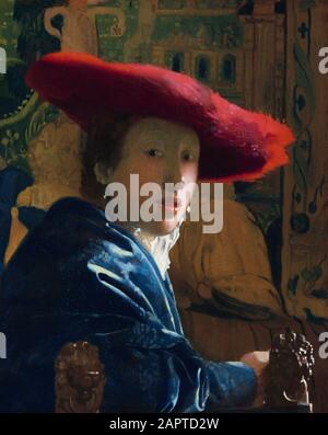 Johannes Vermeer (néerlandais, 1632 - 1675), Girl with the Red Hat, ch. 1665/1666, huile sur panneau Banque D'Images