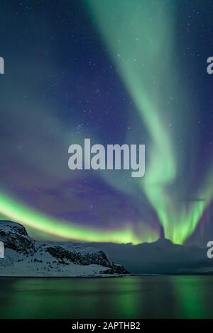 Lumière intense du Nord, Aurora Borealis dans une baie près de Honningsvag et de Nordkapp, North Cape, Finnmark, Norvège, Europe Banque D'Images