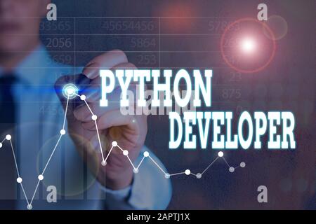 Note d'écriture montrant Python Developer. Concept métier responsable de l'écriture de la logique d'application Web côté serveur Banque D'Images