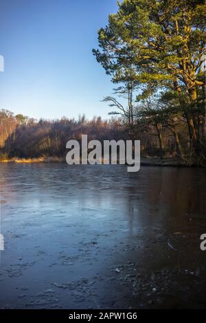 Le lac ornemental a été gelé pendant une journée d'hiver froide durant la période de janvier 2020, Southampton Common, Hampshire, Angleterre, Royaume-Uni Banque D'Images