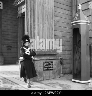 55ème anniversaire de la Garde royale du roi Frederick IX à la porte d'entrée du palais Brockdorff sur la place du château Amalienborg Date : 11 mars 1954 lieu : Danemark, Copenhague mots clés : surveillance, gardes honoraires, coiffures, militaires, palais, statues de rue, uniformes, armes à feu Banque D'Images