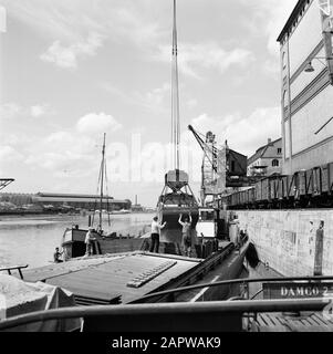 Rhin navigation, rapport du navire à moteur Damco 230: Allemagne de l'Ouest chargement d'une barge dans le port de Karlsruhe Date: 1 avril 1955 lieu: Allemagne, Karlsruhe, Allemagne de l'Ouest mots clés: Travailleurs, bateaux de navigation intérieure, trains de marchandises, ports, grues, chargement et déchargement Banque D'Images