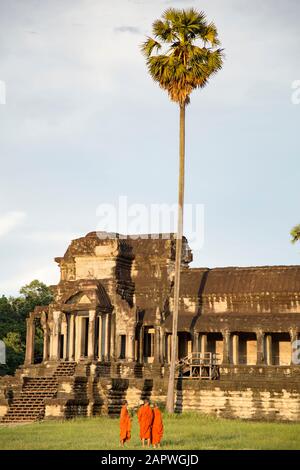 Trois moines bouddhistes marchant autour d'Angkor Wat pendant un coucher de soleil Banque D'Images