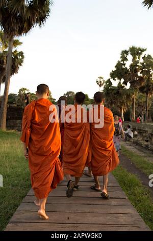 Groupe de jeunes moines bouddhistes marchant autour d'Angkor Wat pendant le coucher du soleil Banque D'Images