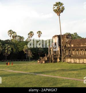 Trois moines bouddhistes marchant autour d'Angkor Wat pendant un coucher de soleil Banque D'Images