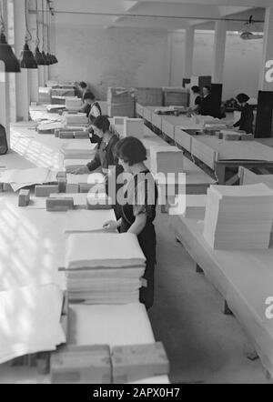 Écosse - Industrie du papier dans le Midlothian Tri du papier derrière de longues tables Annotation: Le long de la rivière Esk dans la région Midlothienne, une industrie du papier florissante a émergé au XIXe siècle. Ce peut être le moulin à papier Valleyfield à Penicuik, parce que Van der Poll a également photographié les propriétaires de cette usine de papier Date: 1934 lieu: Grande-Bretagne, Ecosse mots clés: Usines, papier Banque D'Images