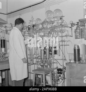 Rehovot. Institut Weizmann: L'intérieur d'un laboratoire sur le site de l'institut avec un technicien de laboratoire au travail Date: 1 janvier 1963 lieu: Israël, Rehogot mots clés: Chimie, verre, laboratoires, enseignement scientifique, recherche scientifique Nom personnel: Weizmann, Chaim : Poll, Willem van de, Banque D'Images