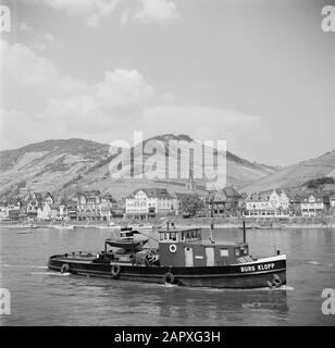 Rhin navigation, rapport de tugboat Damco 9: Allemagne de l'Ouest Tug Burg Klopp à Assmannshausen Date: 1 avril 1955 lieu: Assmannshausen, Allemagne, Allemagne de l'Ouest mots clés: Collines, rivières , remorqueurs Banque D'Images