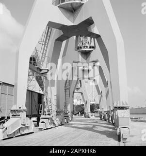 Israël 1964-1965: Haifa, port Stellages de grues portuaires sur le quai Annotation: Haïfa est une ville portuaire et station balnéaire dans le nord d'Israël, dans la partie la plus au nord des montagnes Carmel et sur la Méditerranée Date: 1964 lieu: Haifa, Israël mots clés: Ports, quais, chargement et déchargement, navires Banque D'Images