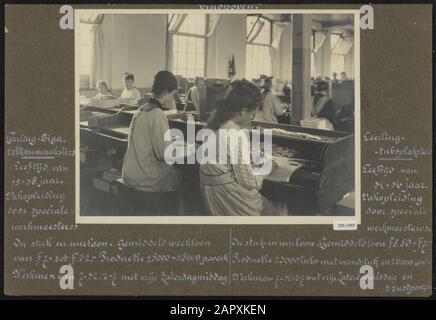 Laissé aux fabricants de cigarettes de pupille d'établi. L'âge est de 15 à 18 ans. Formation spécifique par une maîtresse de travail spéciale. Dans le salaire horaire et à la pièce. Salaire hebdomadaire moyen de fl. 7. - à fl. 32.-. Production d'environ 5 000 à 8 000 pièces par semaine. Les heures de travail sont de 7-12 et de 2-7 avec un samedi après-midi gratuit. Splakster tubpupille droit. L'âge est de 14-16 ans. Formation spécifique par une maîtresse de travail spéciale. Dans le salaire horaire et à la pièce. Salaire hebdomadaire moyen de fl. 5.50. - à fl. 7.-. Production d'environ 3000 bacs avec buse et environ 6000 pièces sans. Les heures de travail sont de 7-12 et de 2-7 avec Banque D'Images
