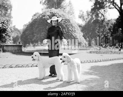 Photo de mode Femme avec deux chiens dans le Bois de Boulogne Date : juin 1936 lieu : Paris mots clés : chiens, vêtements Banque D'Images