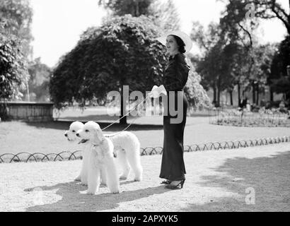 Photo de mode Femme avec deux chiens dans le Bois de Boulogne Date : juin 1936 lieu : Paris mots clés : chiens, vêtements Banque D'Images