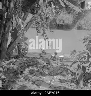 Voyage en Indonésie les femmes font la lessive sur un vlot de bambou dans la rivière Annotation: Publié avec dans le livre "Les Gars de la Deed" avec la légende:... et le matin ils se lavent à nouveau à la kali Date: 1946 lieu: Indonésie, Java, Dutch East Indies mots clés: bambou, kampongs, radeaux, femmes, blanchisserie Banque D'Images