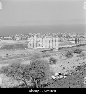 Route à Tiberias avec vue sur la ville, le lac Tiberias et les collines environnantes. Au premier plan, un groupe d'arbres.; Banque D'Images