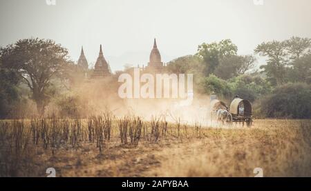 Homme rural birman conduisant chariot en bois avec du foin sur route poussiéreuse tractée Banque D'Images