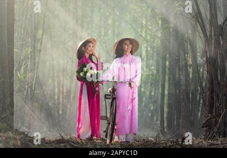 Portrait de fille vietnamienne costumes traditionnels, Ao dai est célèbre costume traditionnel pour femme au Vietnam Banque D'Images