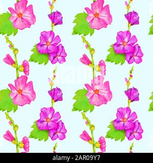 Rose-violet Alcea rosea (hollyhock commun, fleur de malle) tige avec feuilles et bourgeons verts, aquarelle peinte à la main, motif sans couture sur bleu doux Banque D'Images