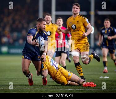 Sixways Stadium, Worcester, Worcestershire, Royaume-Uni. 25 janvier 2020. Premiership Rugby, Worcester Warriors contre Wasps; Ollie Lawrence de Worcester Warriors lance le ballon tout en étant attaqués par Matteo Minozzi de Wasps Credit: Action plus Sports/Alay Live News Banque D'Images