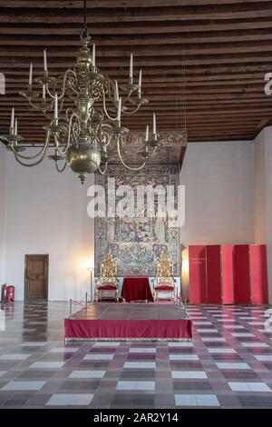 La Grande salle de bal du château de Kronborg à Helsingor, Danemark, 24 septembre 2018. Mesurant 62 x 12 mètres, la salle de bal était la plus grande salle de Nort Banque D'Images