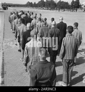 Reportage du camp de Vught Dans le camp criminel de Vught, 7000 collaborateurs et traîtres néerlandais sont enfermés. Les soldats des Néerlandais Stoottroopers sont en charge de la garde, en particulier des 300 Néerlandais SS. Sous la direction du commandant du camp, Le Major L. Mennes et ses aides, ces prisonniers sont utilisés pour purifier les environs de Vught des mines terrestres. Ils sont habillés dans les paquets de prison à rayures bleu-blanc de l'ancien néerlandais capturé par les Allemands. Les prisonniers reçoivent la ration civile minimale, qui a également été réduite, parce que toutes les friandises ont été supprimées Banque D'Images