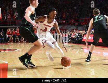 25 janvier 2020: La garde des Hilltoppers de l'Ouest du Kentucky Jordan Rawls (3) dribbles le ballon pendant un match de basket-ball de la NCAA entre le Herd Marshall Thouing et le WKU Hilltoppers à E.A. Diddle Arena à Bowling Green, KY (crédit photo : Steve Roberts.CSM) Banque D'Images