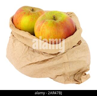 Pommes fraîches dans un sac en papier marron respectueux de l'environnement isolé sur un fond blanc Banque D'Images