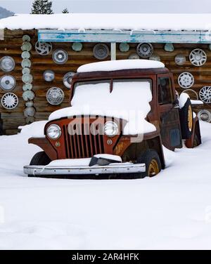 Un camion de jeep Willys de 1948 recouvert de neige sur une ferme, à Beavertail, au Montana. Banque D'Images