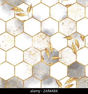 Motif hexagonal en marbre sans couture avec feuilles dorées Banque D'Images