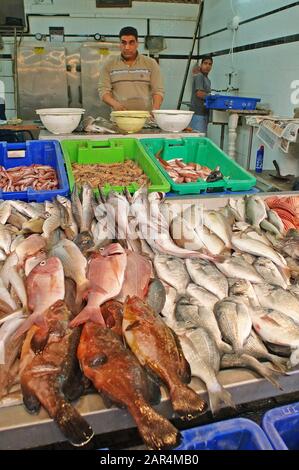 Magasin de poissons sur le marché , Acco, Israël Banque D'Images