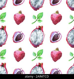 Motif peint à la main avec de l'aquarelle pitaya, du lychee et des feuilles vertes Banque D'Images