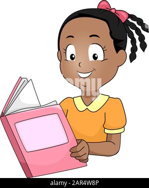 Illustration d'une fille africaine Kid Smiling et de la lecture d'un livre Banque D'Images