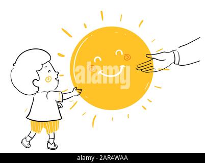 Illustration d'un garçon de Kid Donnant le soleil à une Main Adulte avec la Sun Mascot Smiling Banque D'Images