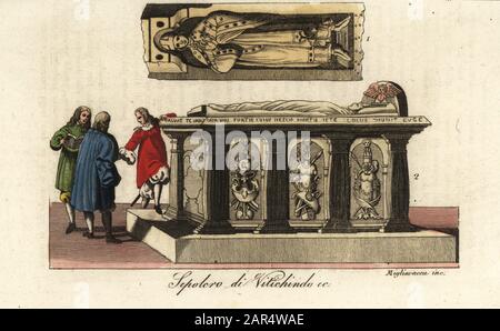 Tombe de Widukind, mort 785. Chef des Saxons et chef adversaire du roi Frankish Charlemagne pendant les guerres saxonnes. Sepolcro di Vitichindo. Gravure en copperplate de couleur à la main par Migliavacca des costumes de Giulio Ferrario ancien et Moderne des peuples du monde, il Costume Antico e Moderno, Florence, 1844. Banque D'Images