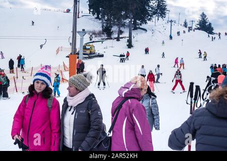 Paltinis Arena Platos, Roumanie - 11 Janvier 2020. Beaucoup de gens sur une piste de montagne à la station de ski de Paltinis Arena Platos. Paltinis Arena Platos Est Banque D'Images