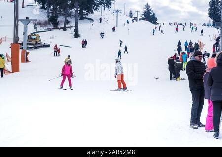 Paltinis Arena Platos, Roumanie - 11 Janvier 2020. Beaucoup de gens sur une piste de montagne à la station de ski de Paltinis Arena Platos. Paltinis Arena Platos Est Banque D'Images