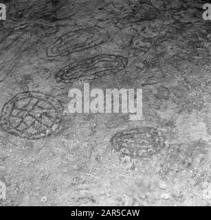 Voyage au Suriname et aux Antilles néerlandaises peintures rupestres indiennes dans la grotte de Boca sur Bonaire Date: 1947 lieu: Bonaire, Antilles néerlandaises mots clés: Grottes, dessins Banque D'Images