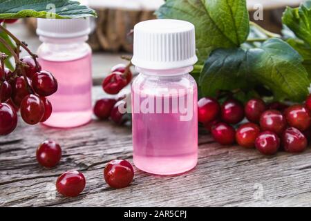 Baies de Viburnum et huile essentielle de viburnum dans une bouteille sur fond de bois. Teinture ou élixir avec viburnum. Spa de la médecine à base de plantes. Banque D'Images