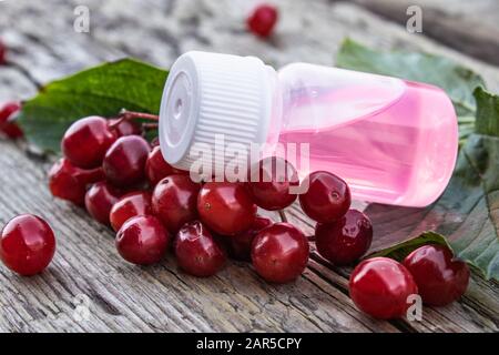 Baies de Viburnum et huile essentielle de viburnum dans une bouteille sur fond de bois. Teinture ou élixir avec viburnum. Spa de la médecine à base de plantes. Banque D'Images