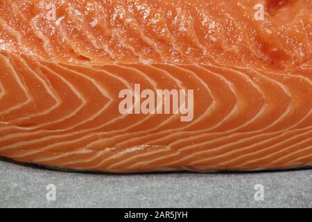 Filet de saumon norvégien dans une clôture. Belle couleur rouge et texture. Préparer un dîner de poisson sain et délicieux. Photo couleur. Banque D'Images