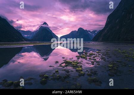 Superbe coucher de soleil à Milford Sound, Nouvelle-Zélande. Banque D'Images