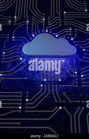 Rendu tridimensionnel : concept de Cloud Computing. Forme de nuage dans une conception de carte de circuit imprimé imitant un microprocesseur. 0 et 1 sur la base. Banque D'Images