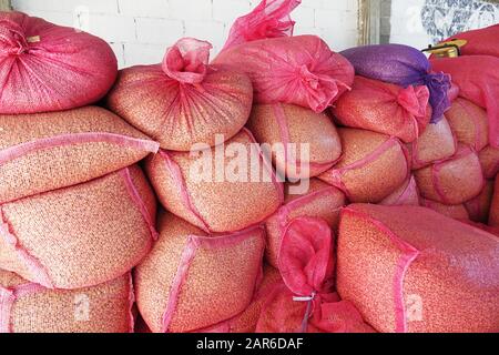 Un gros sacs de grains de café brut, grain de café le tri et le traitement dans une usine Banque D'Images