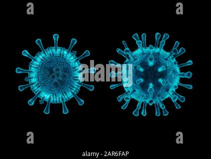 Concept de structure cellulaire du coronavirus / illustration tridimensionnelle du coronavirus Novel 2019 montrant le génome et le pic de l'ARN monobrin, la membrane et l'enveloppe pro Banque D'Images